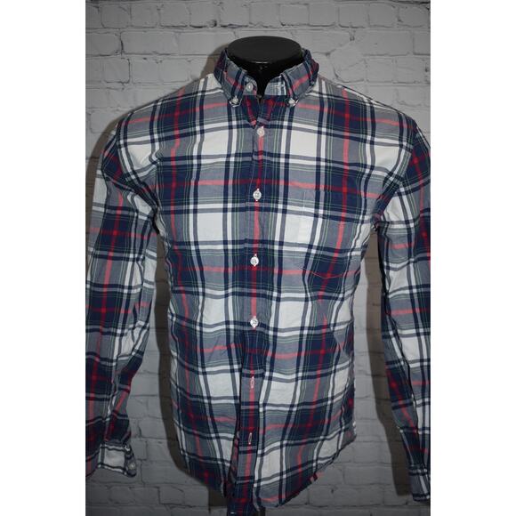 J Crew Dress Shirt Button Up Men Size Large Tartan Blue Red Plaids Cotton - Picture 2 of 5